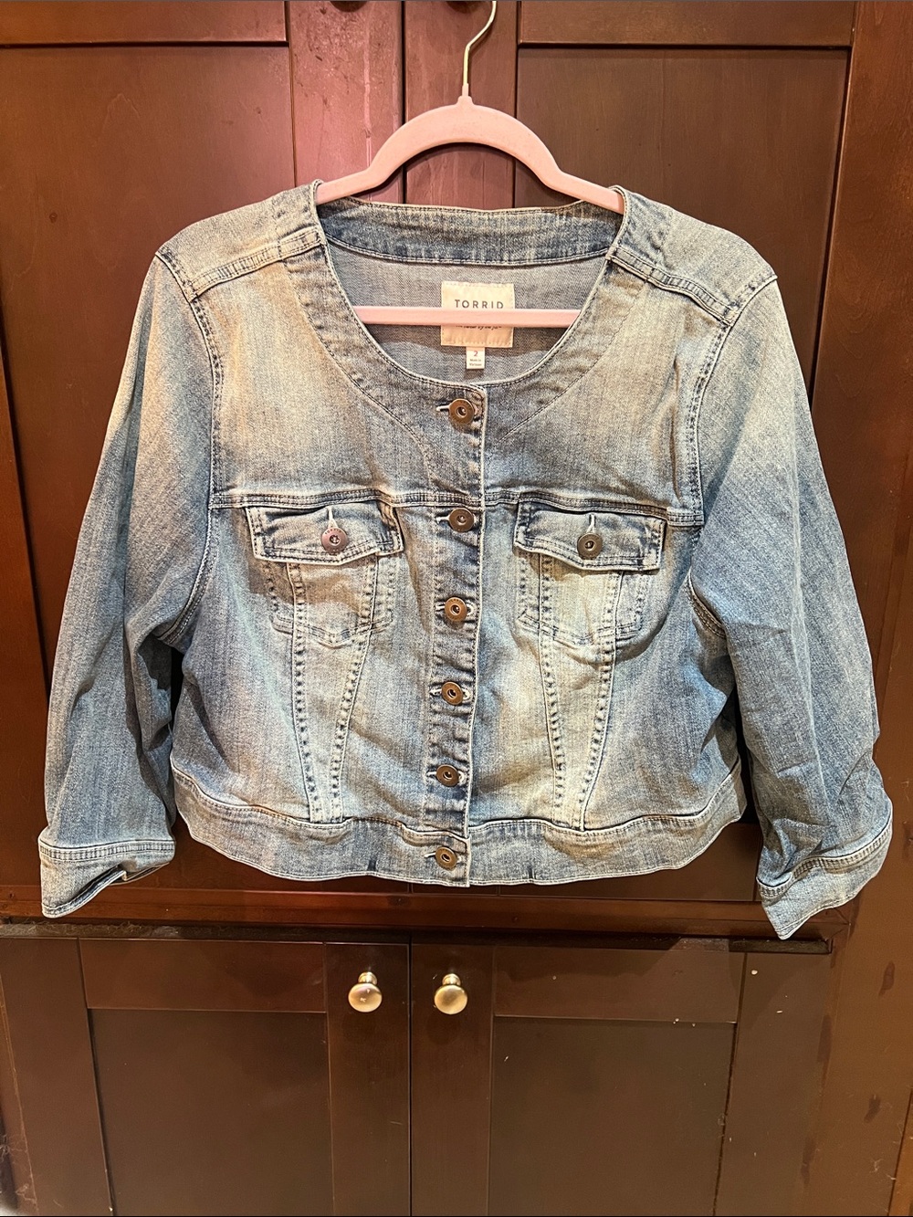 torrid light blue cropped denim jacket with button front